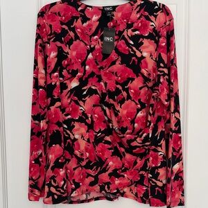 INC top in vibrant pink, peach, and black